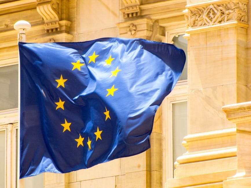 European Union member-state flags outside a government building – representing EU AI Act compliance obligations for APAC enterprises with European customers
